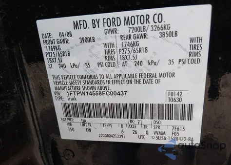 2008 Ford F-150 60Th Anniversary/Fx4/King Ranch/Lariat/Limited/Xlt из США, поврежденный, VIN 1FTPW14558FC00437